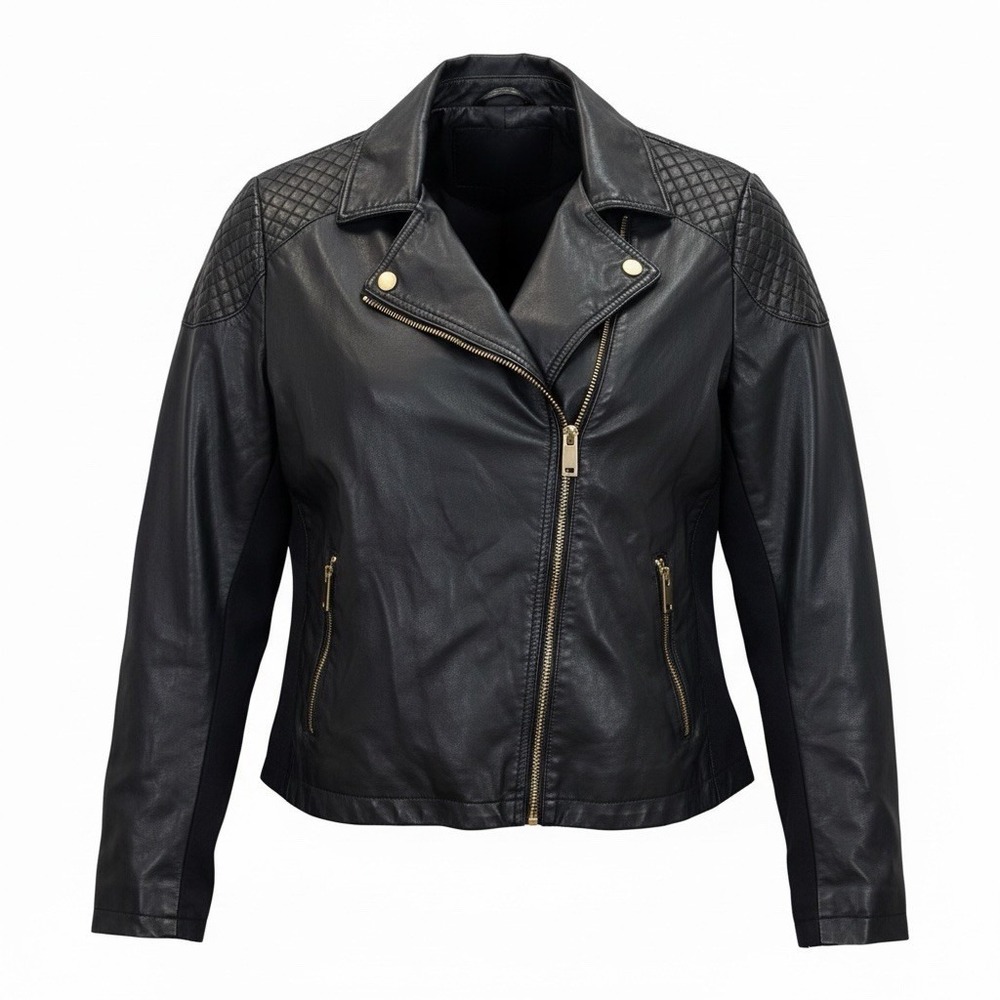 Roz & Ali Jacket Womens Large Black Vegan Leather Moto Biker Quilted Zip Pockets